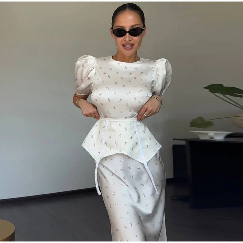 Women Orange Paisley Print Short Sleeve Maxi Dress Fashion V-neck Ruffle Trim Belted Slit Hem Dresses 2026 Lady Vacation Gown
