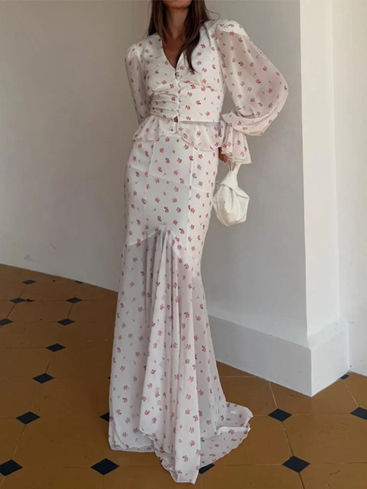 Floral Print V-Neck Flare Sleeve Mermaid Set Waist Cinched Ruffle Hem 2026 Summer Party Women Gown Retro Elegant Lady Vestido