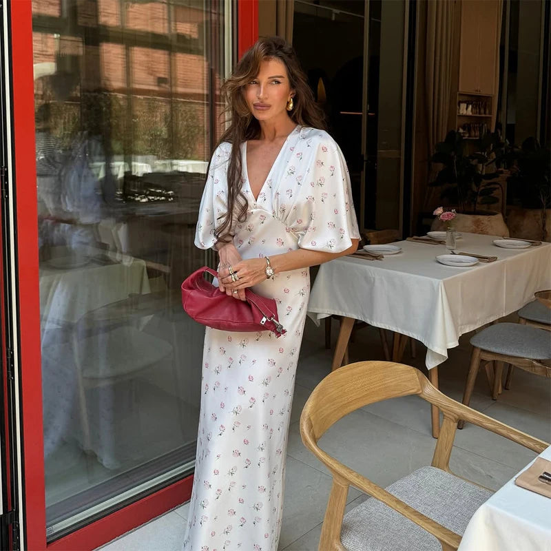 Pink Floral Print Slim Fit Dress Women Chic V-neck Ruffle Trim Flare Full Sleeves Ruched Slit Long Dresses Lady Elegant Wear New