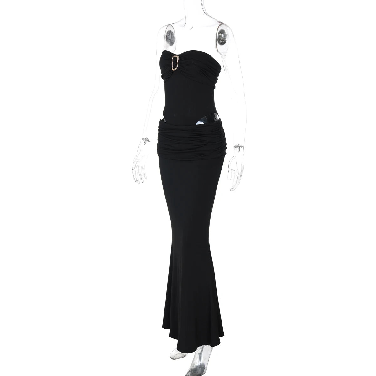 Dulzura Fashion Sexy Elegant 2 Piece Ruched Skirt Set Chest Wrapping Backless Bodysuit Slim Long Skirt Matching Set Party Club