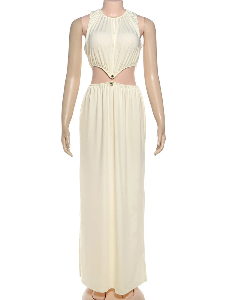 Cutenew Shirring Splice Women Maxi Dresses Classic Solid O-neck Sleeveless Straight Vestidos Female Wild Simple Party Long Robe