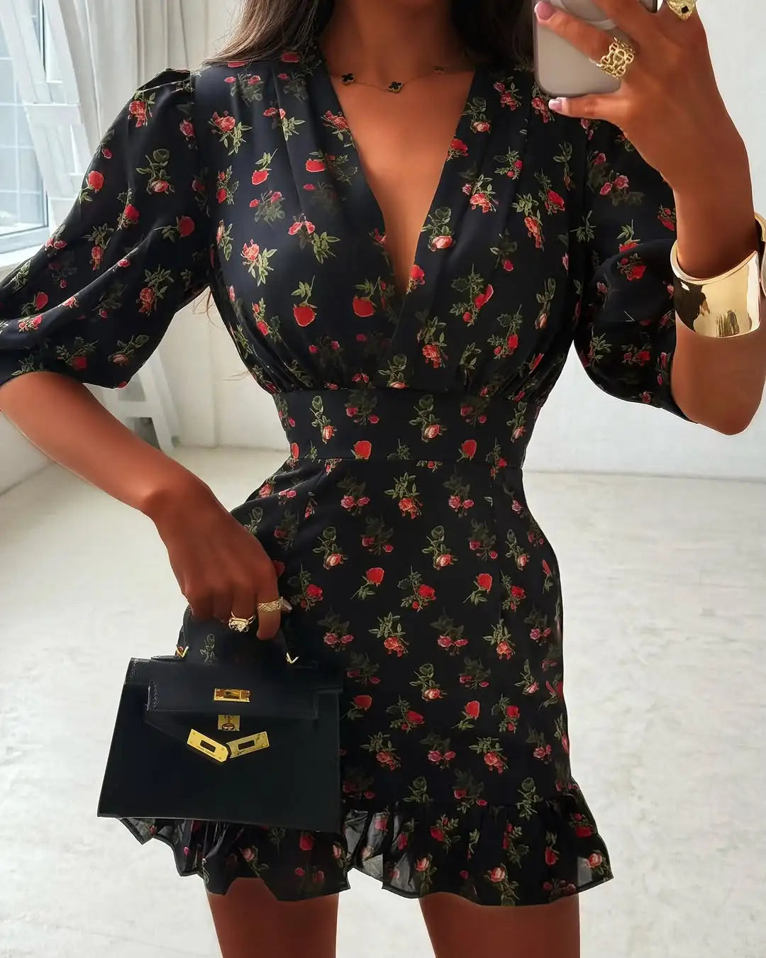 Elegant Print Low-cut Ruffle Short Dress Women V-neck Short-sleeved Waist Cinching Pleated Mini Dresses Lady Party Vestidos 2026