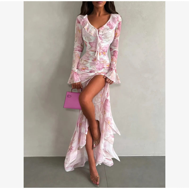 Flutter Sleeves Pleated Long Dress Women Chic Deep V-neck Floral Print Sexy Waist Cinching Vestidos Lady Holiday Street Dresses
