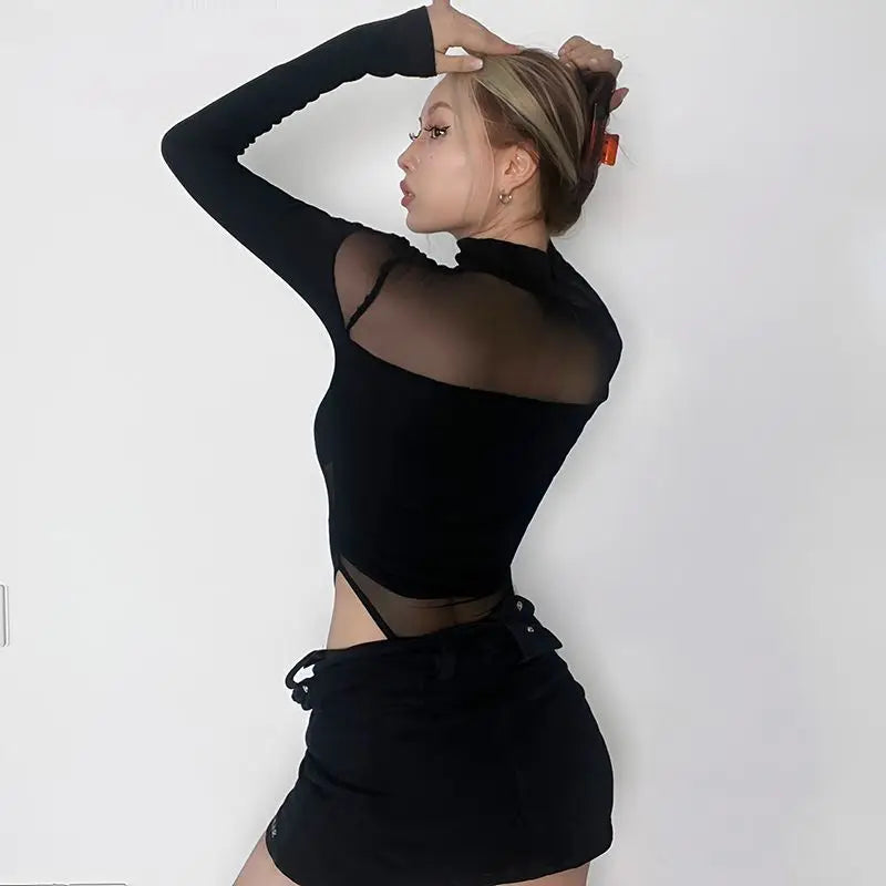 Women's Long Sleeve Onesie Hollow out Slim Fit Pure Desirable Sexy Mesh Top American Retro INS Transparent Design T-shirt