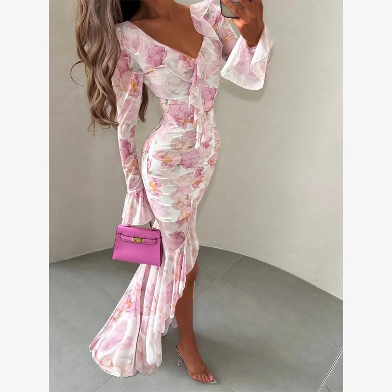 Pink Floral Print Slim Fit Dress Women Chic V-neck Ruffle Trim Flare Full Sleeves Ruched Slit Long Dresses Lady Elegant Wear New