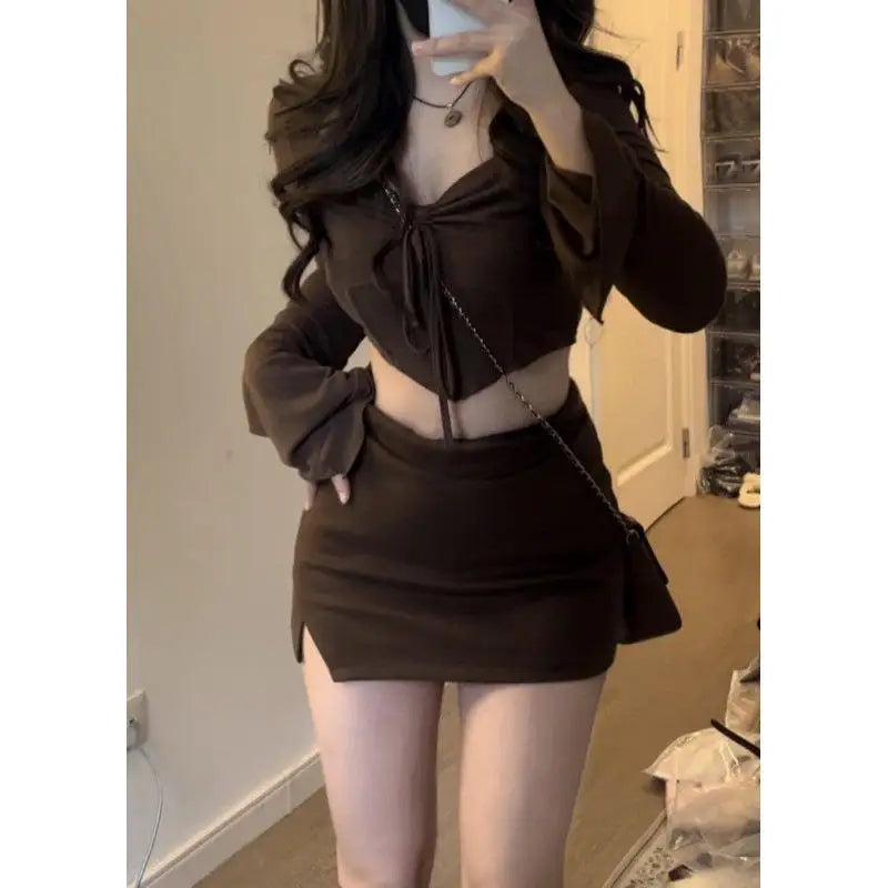Sweet Pure Desire Short Size Set Drawstring Pleated Short Top And Skirt Two Piece Set for Small Women Casual Style Autumn Fas...