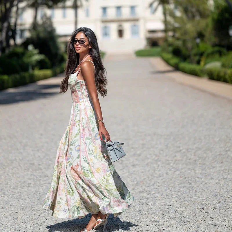 Floral Printed Sleeveless Halter Neck Maxi Dress Lady Waist Cinching A-line Dresses 2026 Women Summer Vacation Party Vestidos
