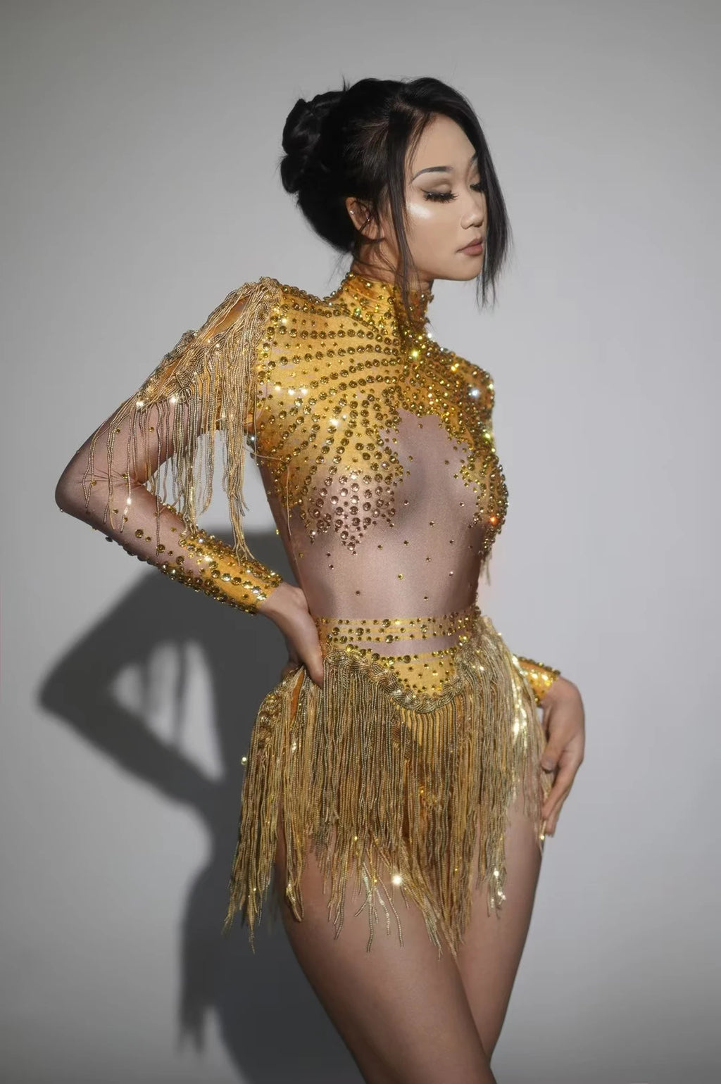 Sexy Elastic Rhinestone Tassel Party Bodysuit OutfiSet Women Nightclub Prom Crystal Fringe LeotardDance Stage Wear Nainiang Q025