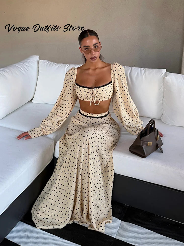 Sexy Polka Dot Cropped Top Long Skirt Women Lantern Sleeve Slash Neck Lace Up Top Maxi Skirts 2026 Summer Lady Beach Outfits