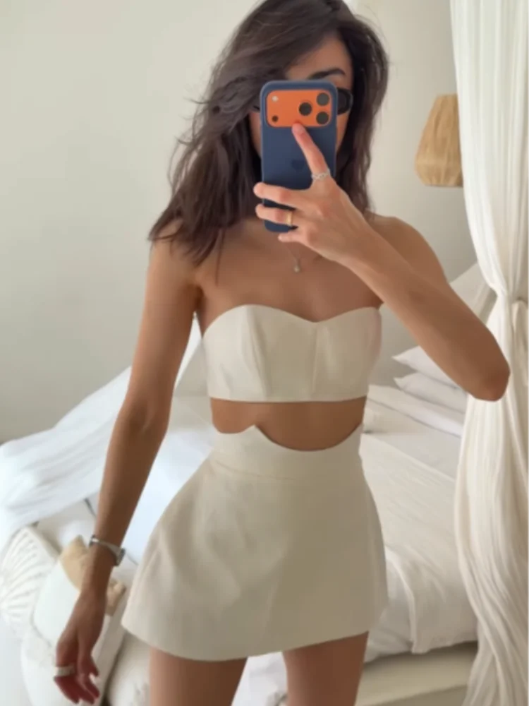 Women Stylish Bodycon 2 Piece Club Outfit Strapless Corset Crop Top + High Waist Mini Skirt Set Lady Night Party Evening Dresses