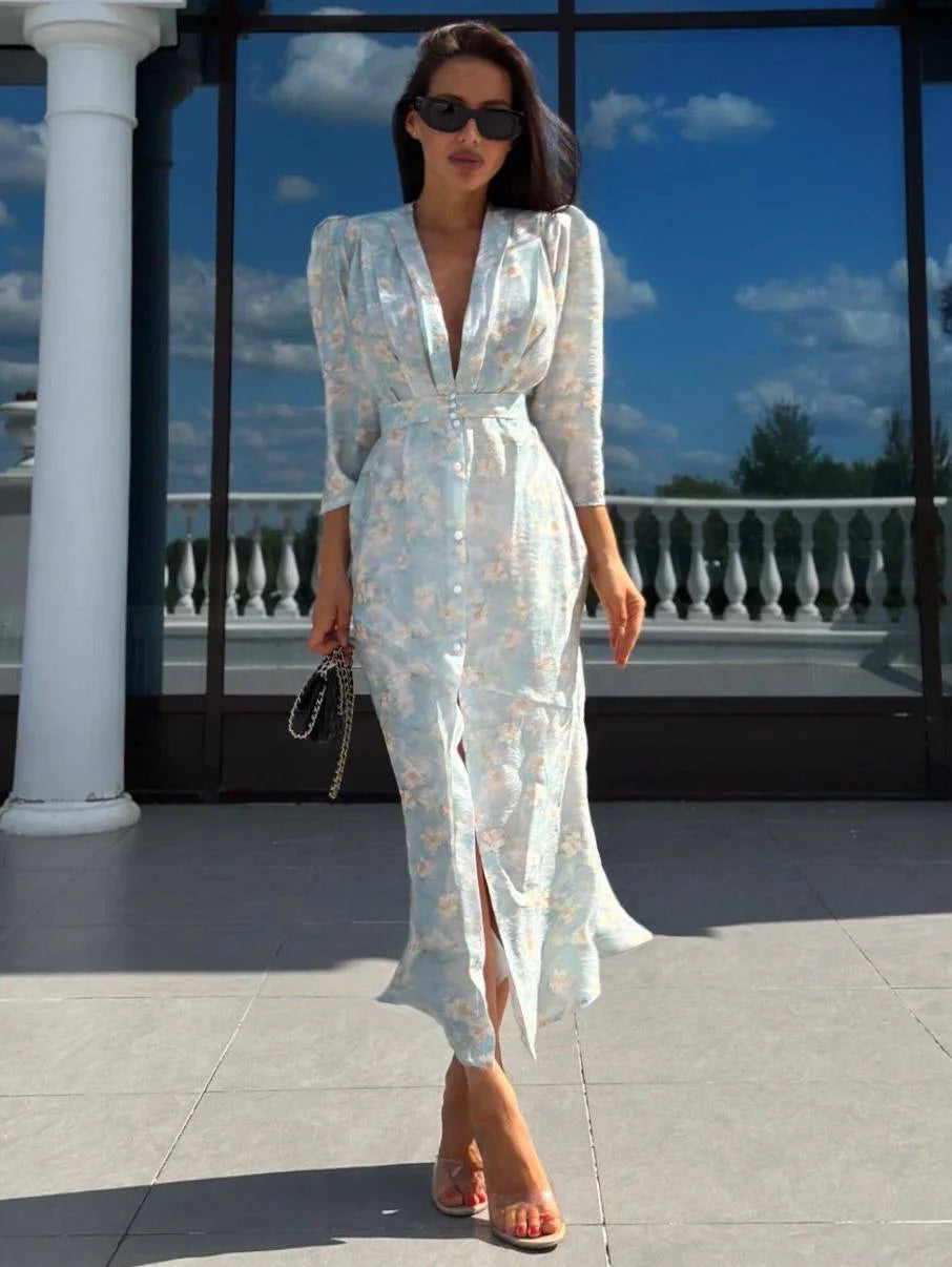 Women Orange Paisley Print Short Sleeve Maxi Dress Fashion V-neck Ruffle Trim Belted Slit Hem Dresses 2026 Lady Vacation Gown