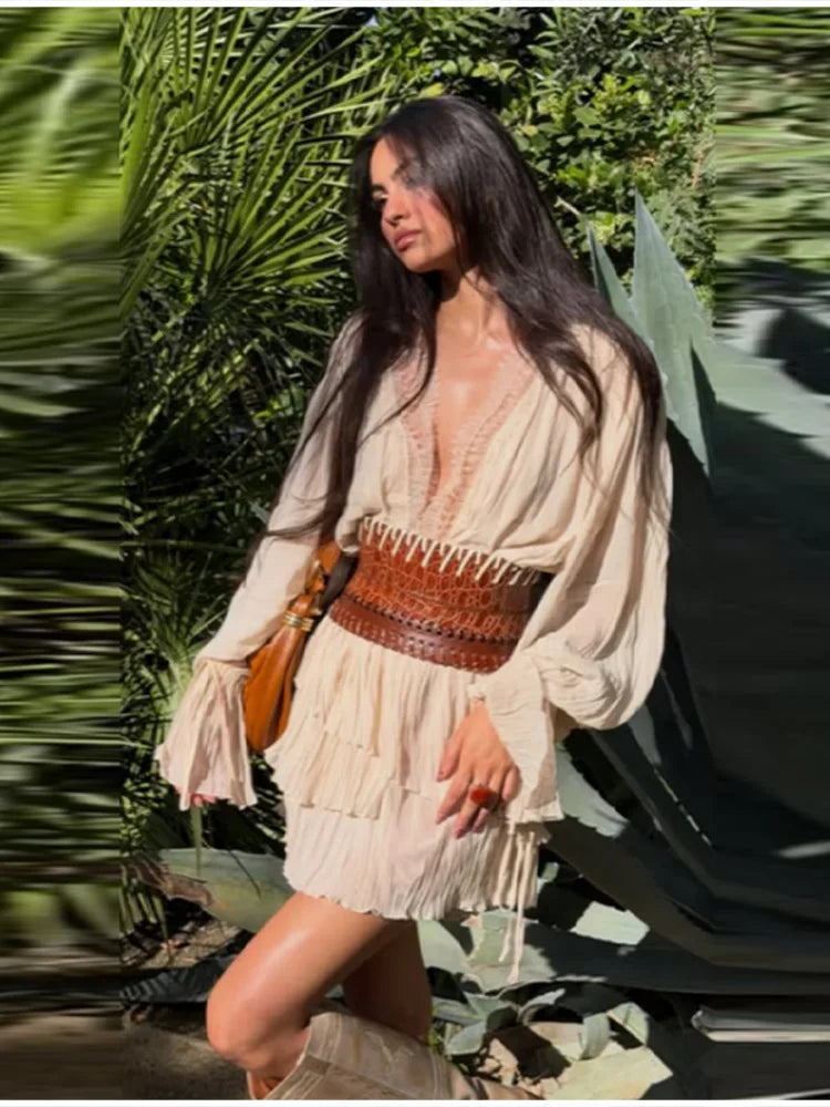 Elegant Beige Pleated Ruffle Mini Dresses Women Lace Trim V Neck Long Sleeve Boho Casual Boho Beach Dress Chic Daily Streetwear