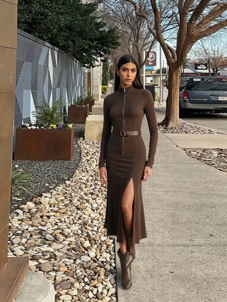 Vintage Half High Neck Long Sleeve Short Dress Women Fashion High Waist Pleasted Zipper Slim Dresses Female Autumn Chic Cloth