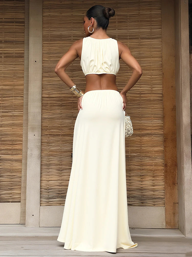 Cutenew Shirring Splice Women Maxi Dresses Classic Solid O-neck Sleeveless Straight Vestidos Female Wild Simple Party Long Robe