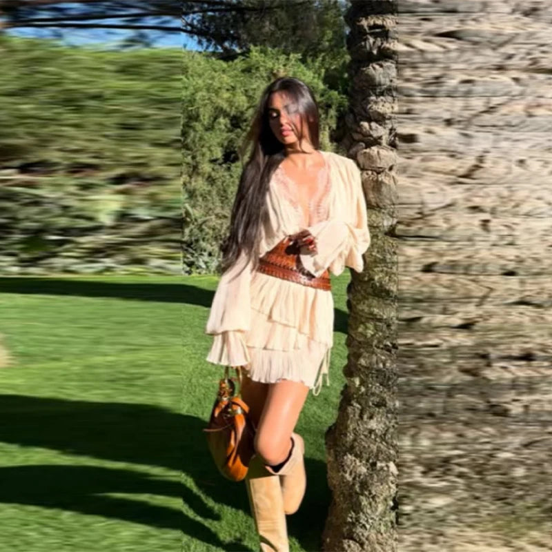 Elegant Beige Pleated Ruffle Mini Dresses Women Lace Trim V Neck Long Sleeve Boho Casual Boho Beach Dress Chic Daily Streetwear