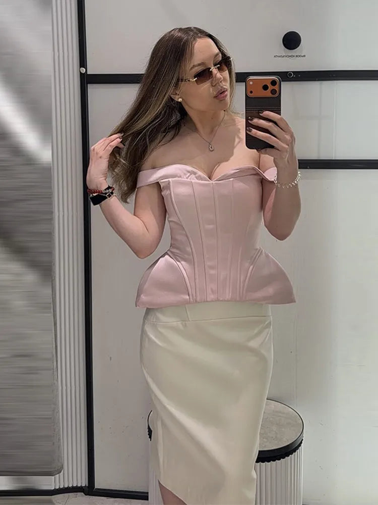 Sexy Women's Top Off Shoulder Slim Fish Bone A-line Hem Solid Female Corset 2026 Summer Fashion Chic Elegant Party Lady Outwear