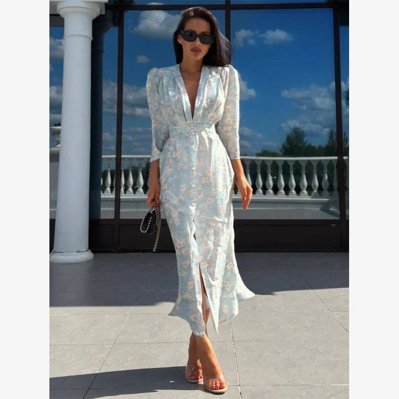 Women Orange Paisley Print Short Sleeve Maxi Dress Fashion V-neck Ruffle Trim Belted Slit Hem Dresses 2026 Lady Vacation Gown