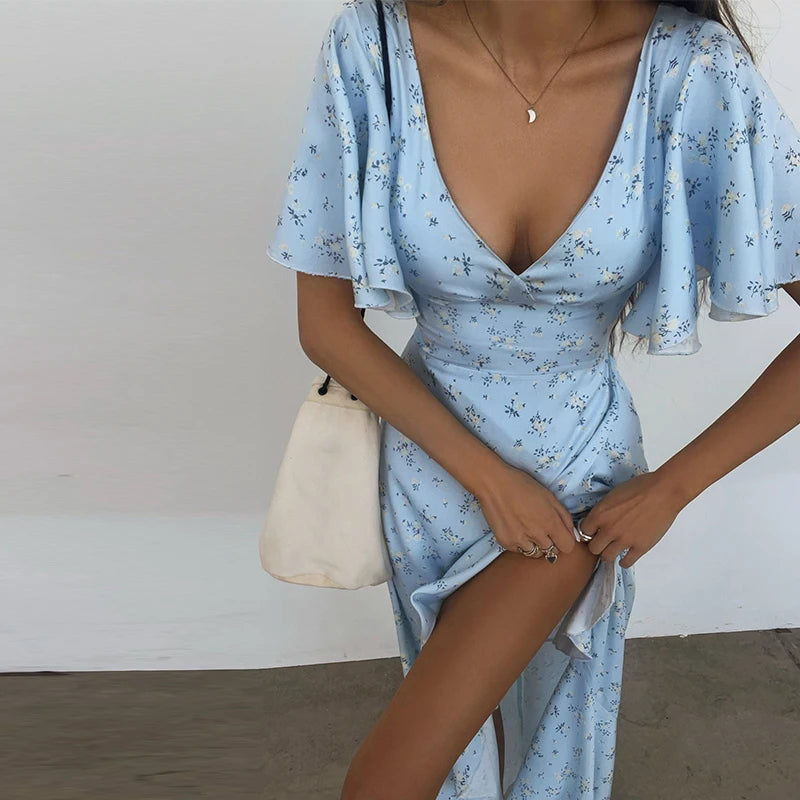 Elegant Printed Ruffles Long Women's Dress Asymmetric V-neck Flare Sleeve Slit Party Dresses 2026 Summer Floral Vacation Robes