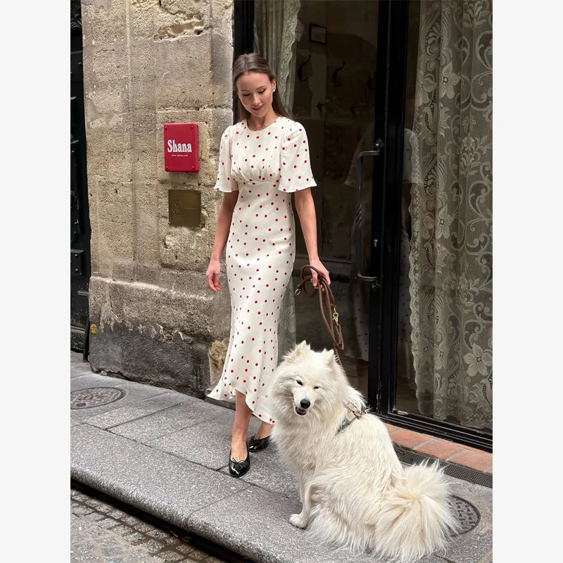 Pink Floral Print Slim Fit Dress Women Chic V-neck Ruffle Trim Flare Full Sleeves Ruched Slit Long Dresses Lady Elegant Wear New