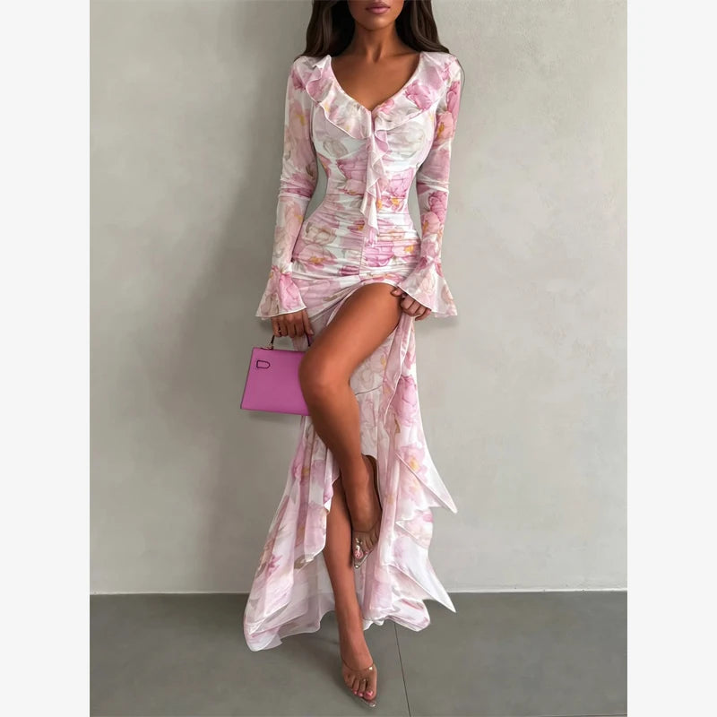 Pink Floral Print Slim Fit Dress Women Chic V-neck Ruffle Trim Flare Full Sleeves Ruched Slit Long Dresses Lady Elegant Wear New