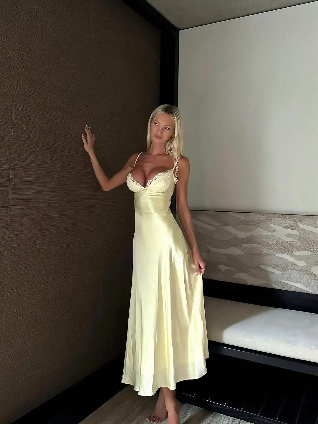 Butter Yellow Satin Bias Cut Lace Patchwork Midi Dress Women's V Neck Backless Suspenders Dresses 2026 New Dinner Party Vestidos