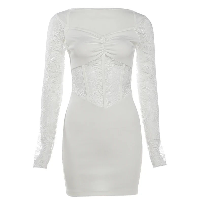 Nibber Black Mysterious Sexy Lace Stitching Mature Fishbone Beautiful Sweet Gentle Women'S Winter Long Sleeve Hip Short Dress