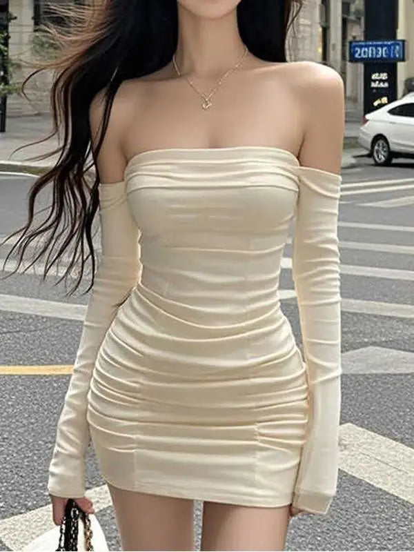 Sexy Short Waist-Cinching Bandeau Dress for Women Hot Girl Long Sleeve Pure Color Gown with Shoulder Baring Top And Bodycon S...