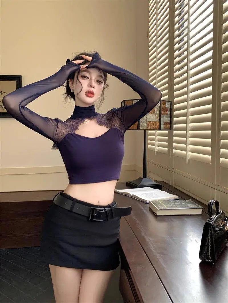 Long Sleeve Lace Splicing Hollow out T-Shirt Women's Spring Design Slim Fit Pure Sexy Purple Short Backless Top