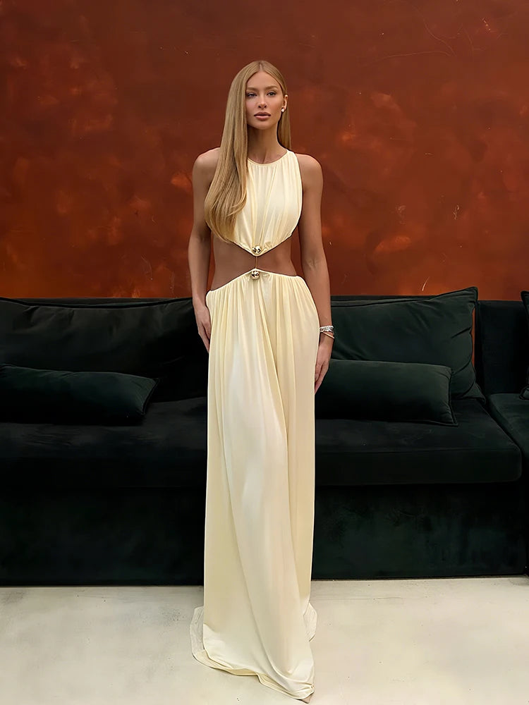 Cutenew Shirring Splice Women Maxi Dresses Classic Solid O-neck Sleeveless Straight Vestidos Female Wild Simple Party Long Robe