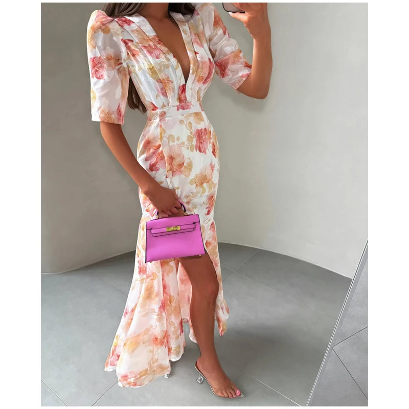 Flutter Sleeves Pleated Long Dress Women Chic Deep V-neck Floral Print Sexy Waist Cinching Vestidos Lady Holiday Street Dresses