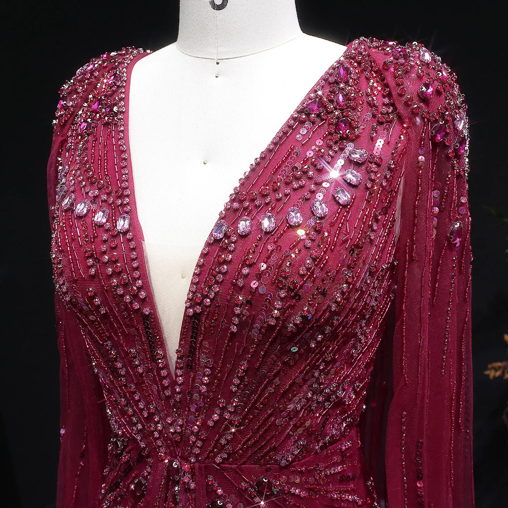 Sharon Said Luxury Dubai Sage Green Evening Dresses with Cape Fuchsia Crystal Gold Women Wedding Party Gowns SS399 Customized