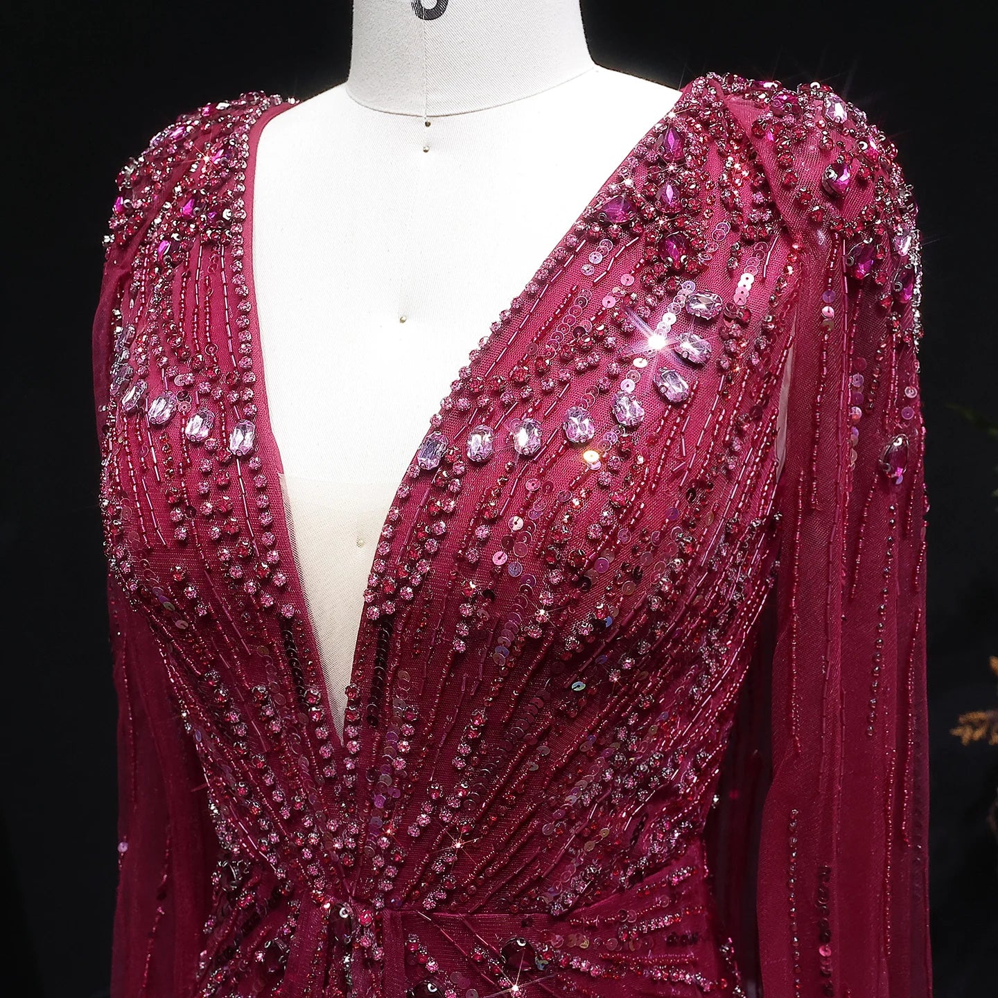 Sharon Said Luxury Dubai Sage Green Evening Dresses with Cape Fuchsia Crystal Gold Women Wedding Party Gowns SS399 Customized