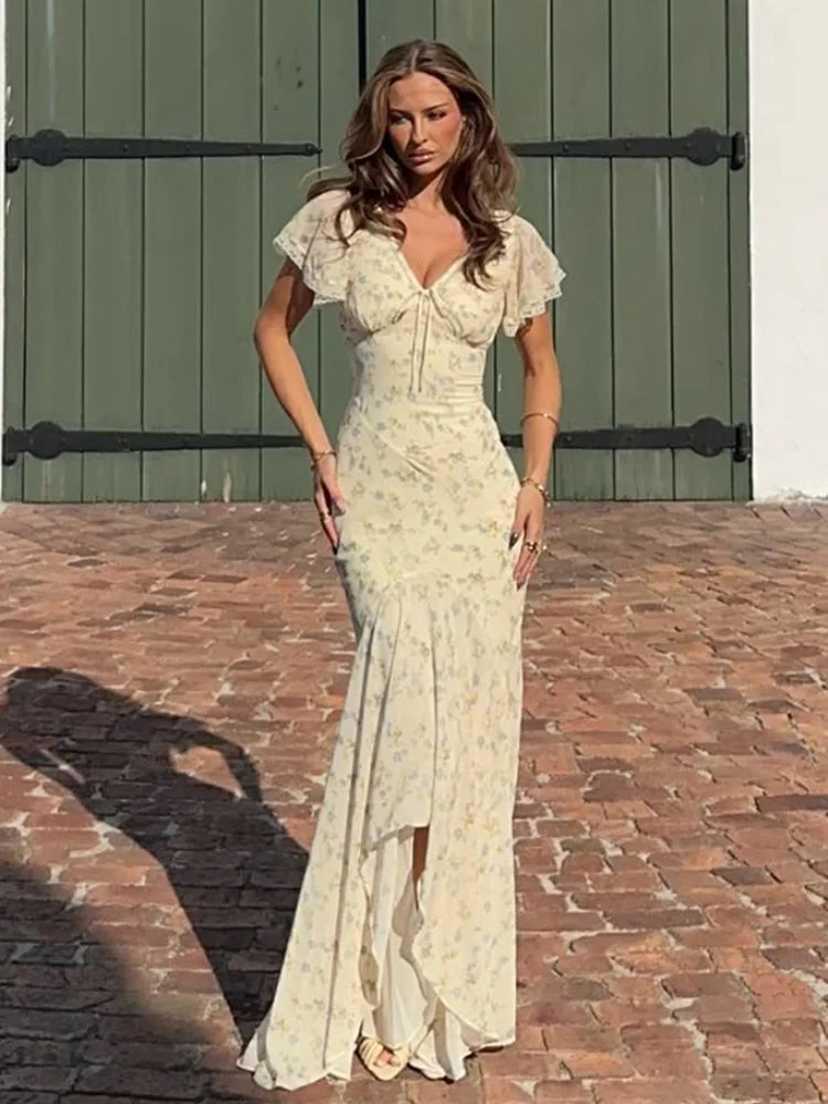 Flutter Sleeves Pleated Long Dress Women Chic Deep V-neck Floral Print Sexy Waist Cinching Vestidos Lady Holiday Street Dresses