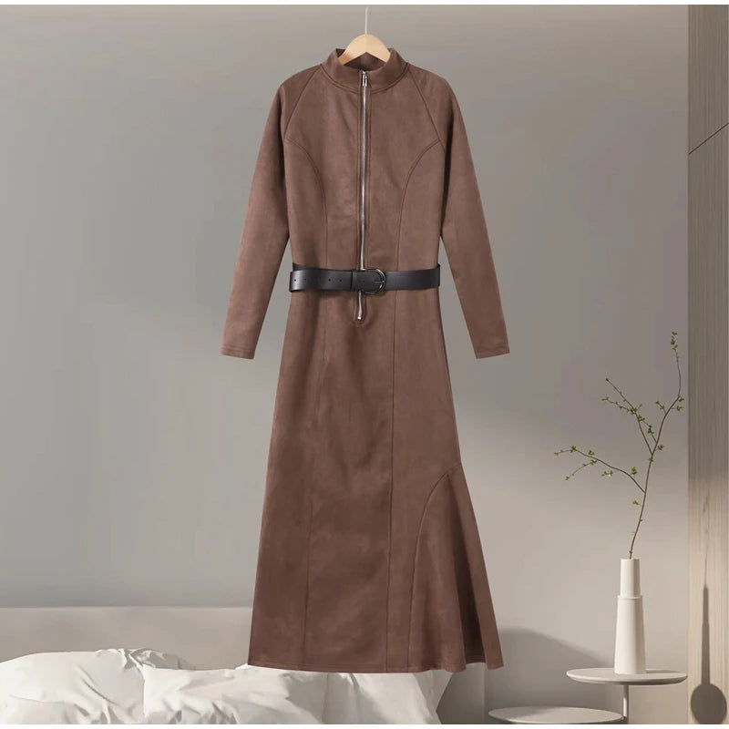 Vintage Half High Neck Long Sleeve Short Dress Women Fashion High Waist Pleasted Zipper Slim Dresses Female Autumn Chic Cloth