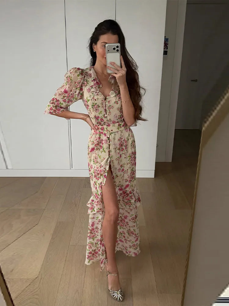 Padded Shoulder Ruffle Maxi Dress V-neck Low Slit Waist Cinching 2026 Springr Holiday Women Flowy Gown Chic Fashion Vestidoes