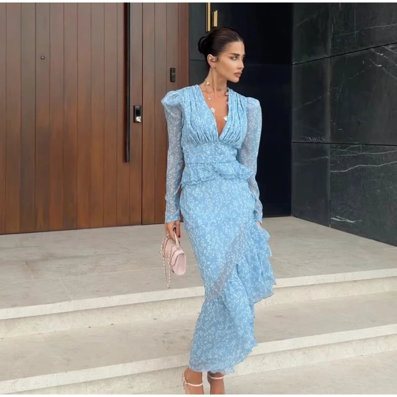 Flutter Sleeves Pleated Long Dress Women Chic Deep V-neck Floral Print Sexy Waist Cinching Vestidos Lady Holiday Street Dresses