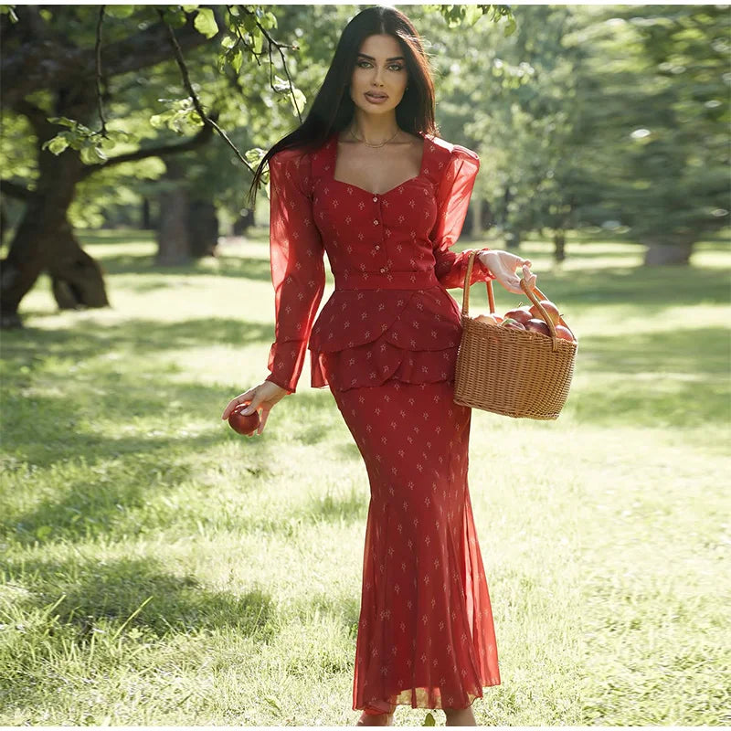 Floral Print V-Neck Flare Sleeve Mermaid Set Waist Cinched Ruffle Hem 2026 Summer Party Women Gown Retro Elegant Lady Vestido
