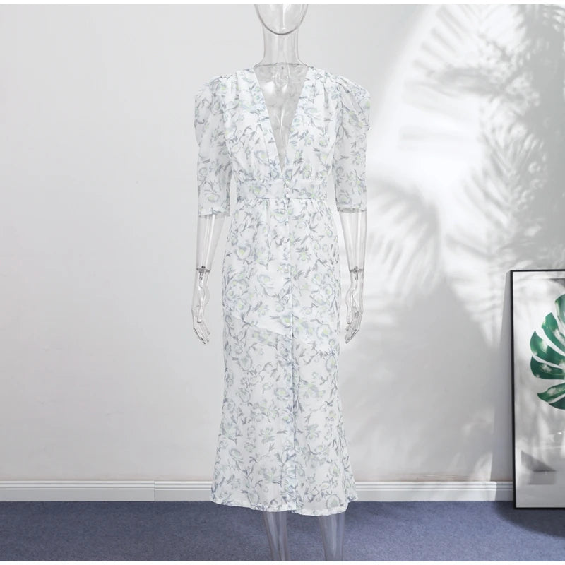 Elegant Printed Women's Dress Organza Deep V-neck Half Sleeved Waist Cinched Pleated Dresses 2026 Summer Lady Holiday Party Robe