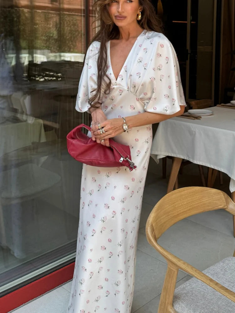 Pink Floral Print Slim Fit Dress Women Chic V-neck Ruffle Trim Flare Full Sleeves Ruched Slit Long Dresses Lady Elegant Wear New