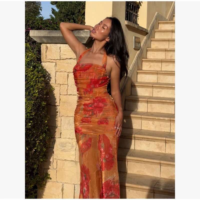 Flutter Sleeves Pleated Long Dress Women Chic Deep V-neck Floral Print Sexy Waist Cinching Vestidos Lady Holiday Street Dresses