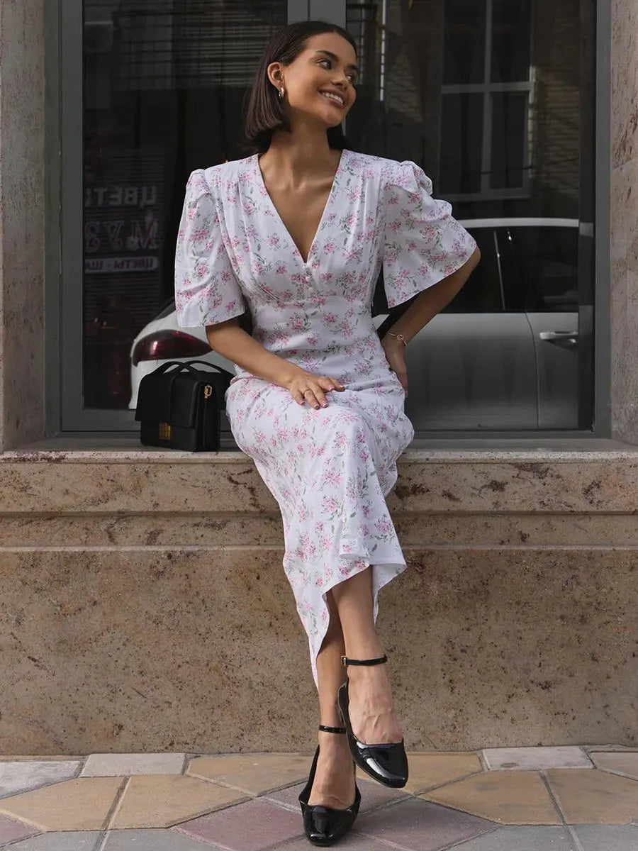Summer Floral Printed V Neck Long Dress Women Elegant Short Sleeve High Waist Slim Maxi Dress Casual Street Party Lady Vestidos