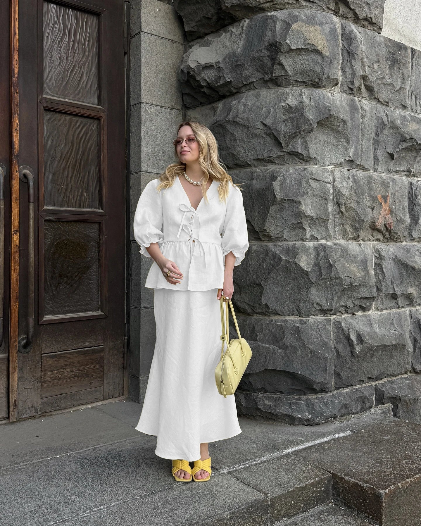 Bornladies 2025 Summer Women's 100% Cotton V-Neck Lace-Up Bubble Sleeve Shirt  Long Skirt Set Loose Casual Two-Piece Suit