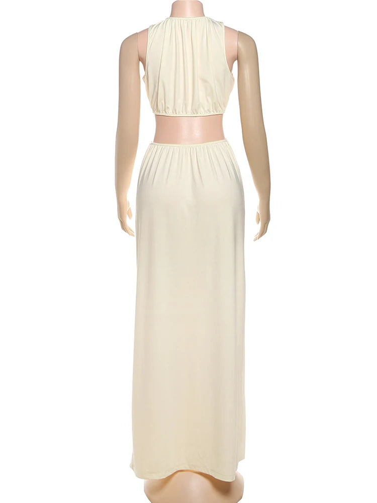 Cutenew Shirring Splice Women Maxi Dresses Classic Solid O-neck Sleeveless Straight Vestidos Female Wild Simple Party Long Robe