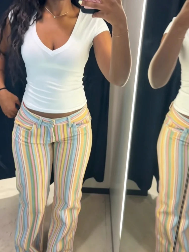 Colorful Striped Jeans for Women Low Waist Straight Leg Trousers High Street Casual Long Denim Pant 2026 NEW Daily Lady Jeans