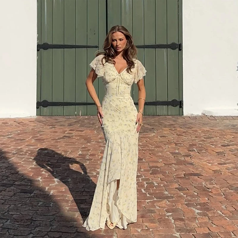 Flutter Sleeves Pleated Long Dress Women Chic Deep V-neck Floral Print Sexy Waist Cinching Vestidos Lady Holiday Street Dresses