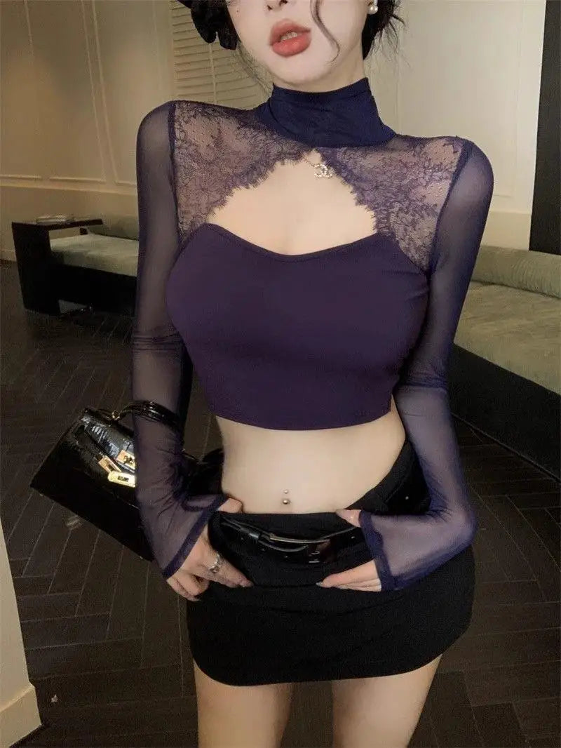 Long Sleeve Lace Splicing Hollow out T-Shirt Women's Spring Design Slim Fit Pure Sexy Purple Short Backless Top