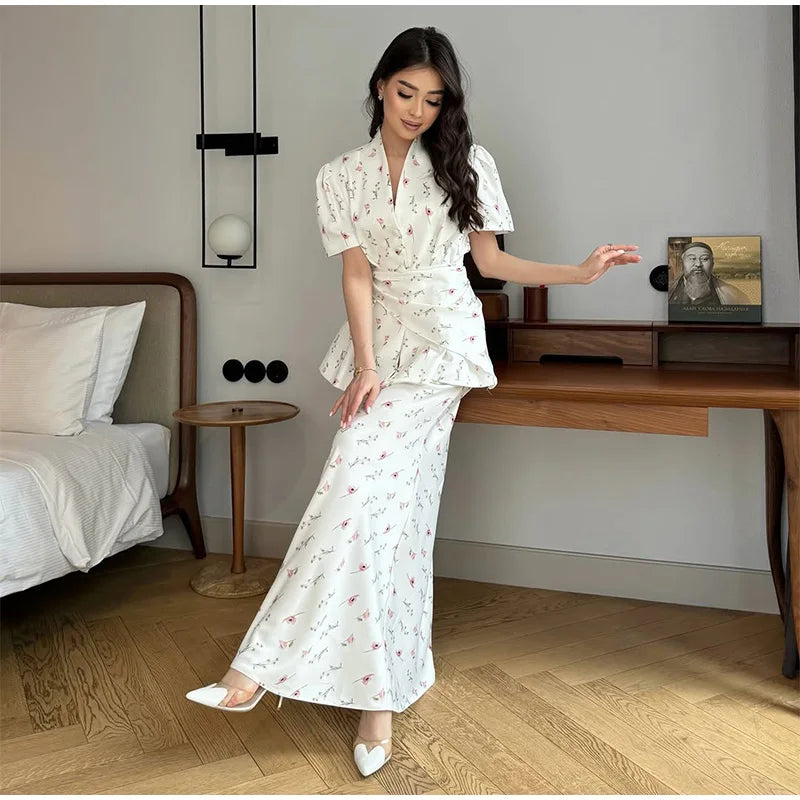 Floral Print V-Neck Flare Sleeve Mermaid Set Waist Cinched Ruffle Hem 2026 Summer Party Women Gown Retro Elegant Lady Vestido