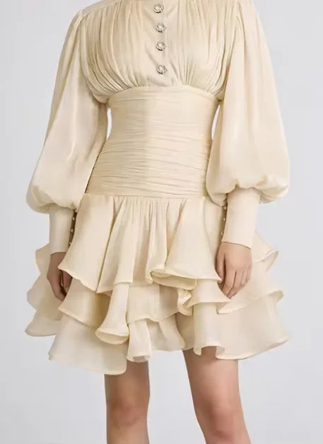 Elegant High Collar Ruffled Mini Dress Women Chic Long Puff Sleeves Waist Cinching A-line Dresses 2026 Lady Evening Dinner Gowns