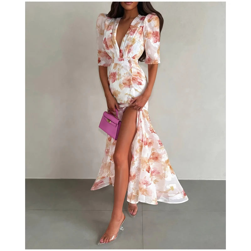 Flutter Sleeves Pleated Long Dress Women Chic Deep V-neck Floral Print Sexy Waist Cinching Vestidos Lady Holiday Street Dresses