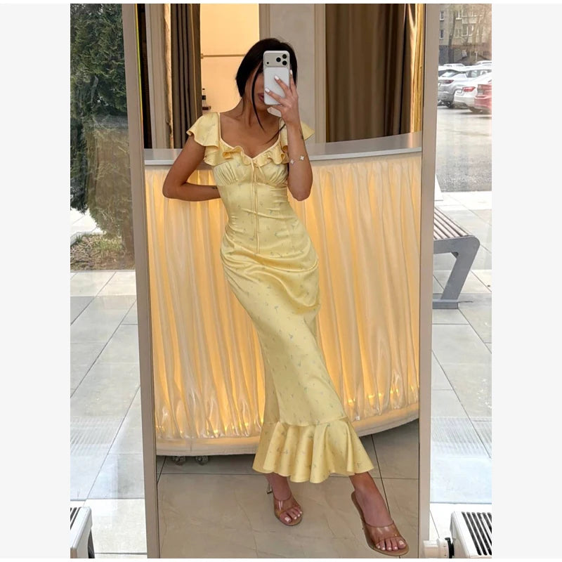 Flutter Sleeves Pleated Long Dress Women Chic Deep V-neck Floral Print Sexy Waist Cinching Vestidos Lady Holiday Street Dresses